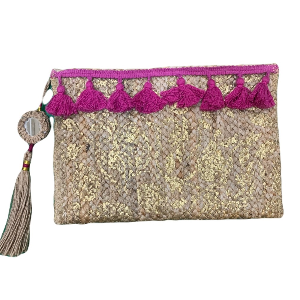 Shiraleah Chicago Zippered Natural and Gold Metallic Jute Tasseled Clutch NWOT